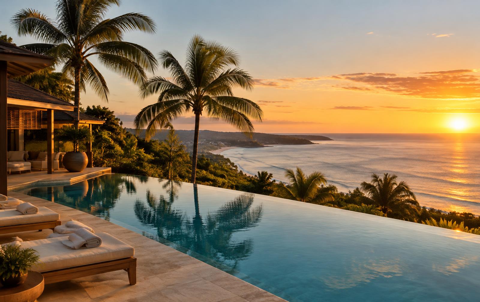 An infinity pool and palms overlooking the ocean at a coastal resort at sunset